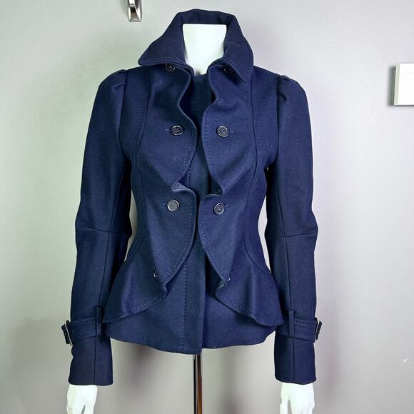 BCBG MaxAzria coat XS Pea Coat Military Ruffle Regal Royal Wool Spy Blue Trench - Picture 2 of 16